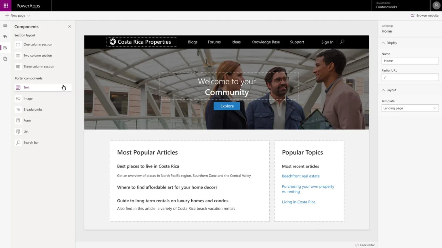 Power Apps editor displaying a community portal.