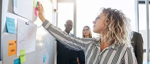 Colleagues arranging notes on a whiteboard.