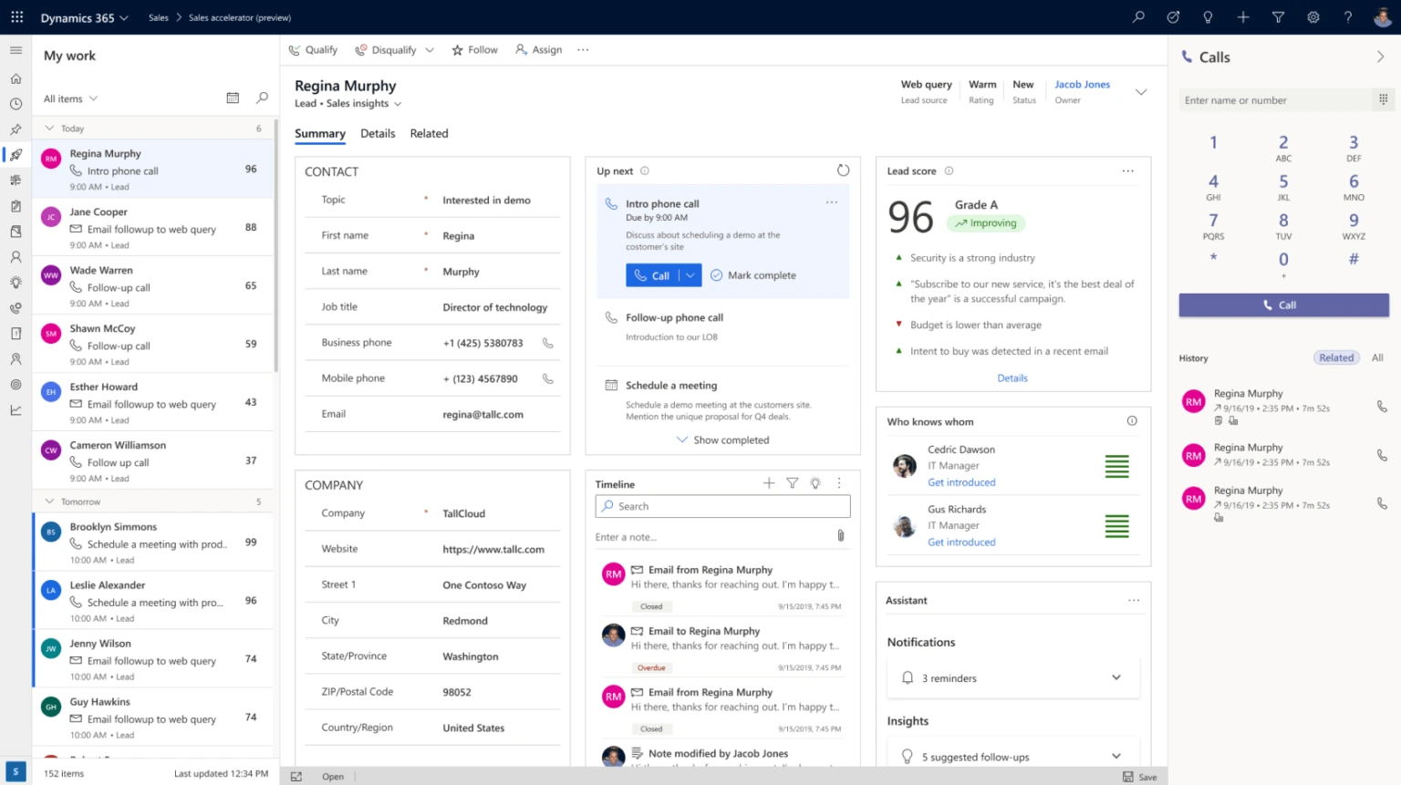 Dynamics 365 contact record with activity timeline and call panel.