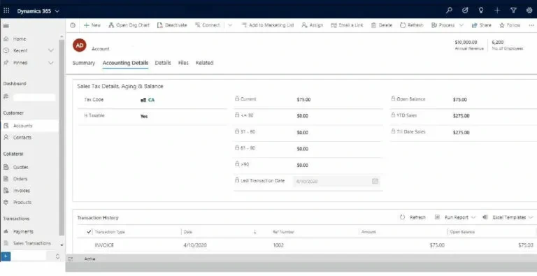 Dynamics 365 account record with QuickBooks-related accounting details.