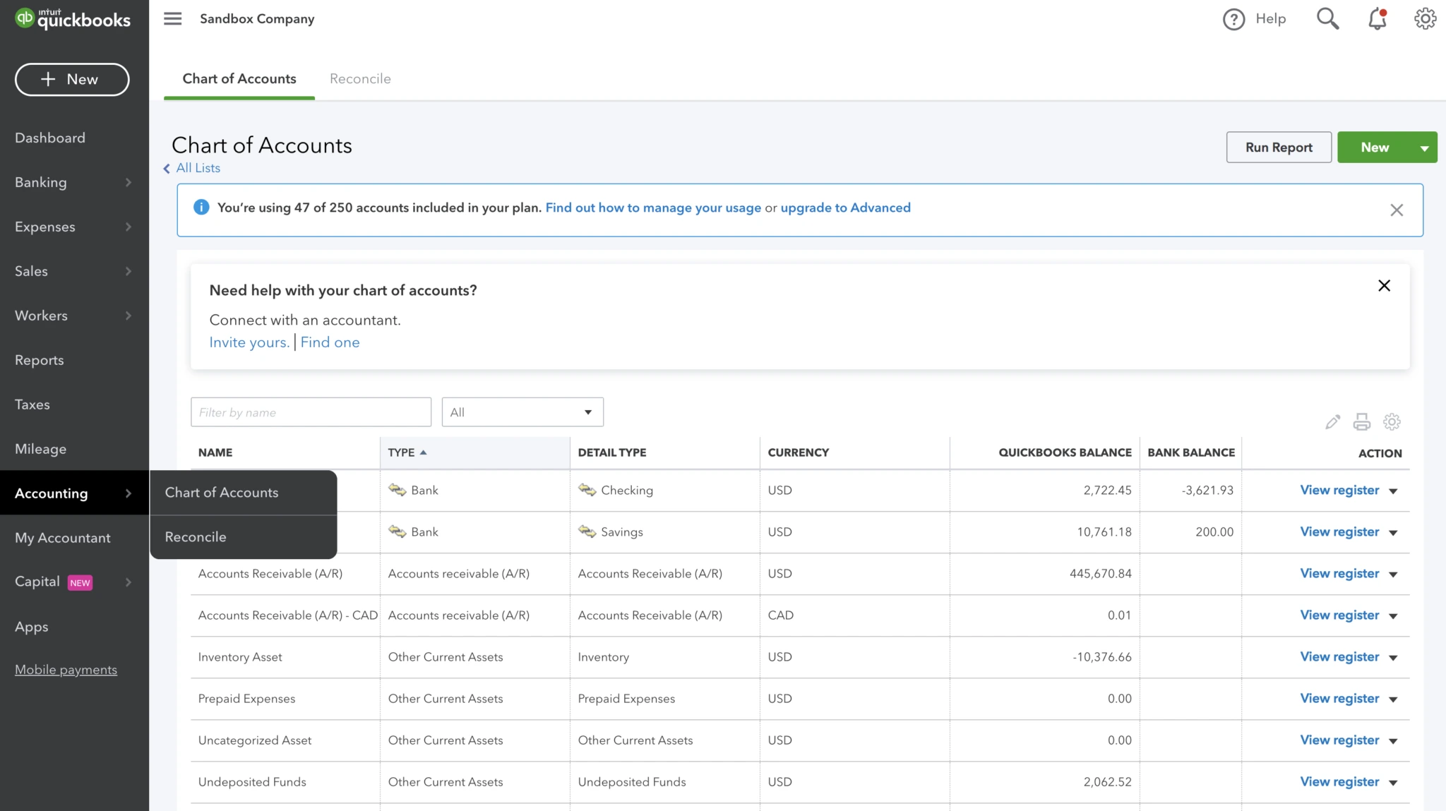 QuickBooks chart of accounts.