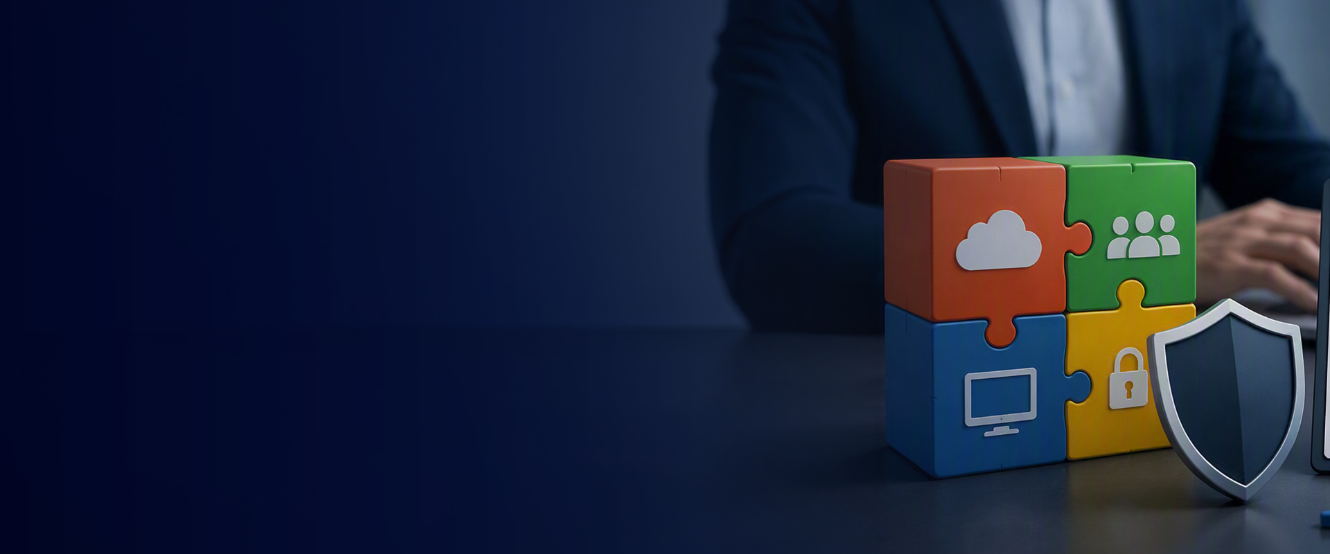 Four interlocking puzzle cubes in red, green, blue and yellow carrying cloud, people, device and padlock symbols, beside a shield, on the desk of a seated person in a suit.