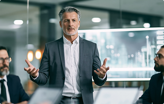 An executive in a grey suit speaking to colleagues around a boardroom table, a data dashboard on the screen behind him.