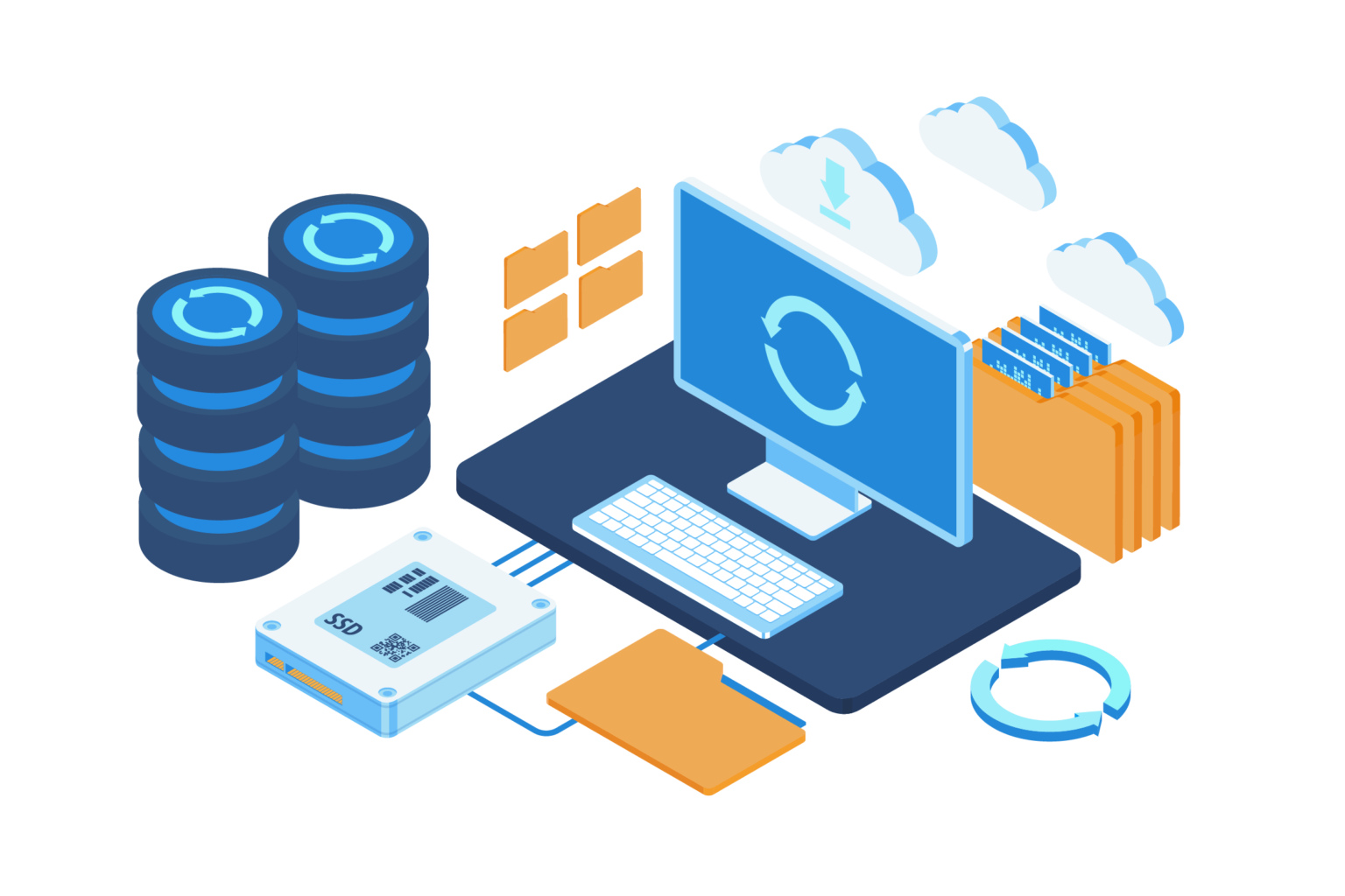 Isometric illustration of a desktop monitor and keyboard surrounded by stacked database drums, an SSD, file folders and clouds, with sync arrows moving data between them.