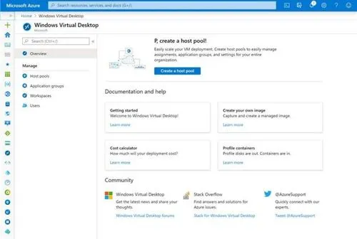 The Windows Virtual Desktop overview page in the Microsoft Azure portal, offering to create a host pool alongside documentation, cost calculator and community links.