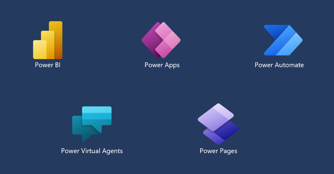 The Microsoft Power Platform line-up on a dark background: Power BI, Power Apps, Power Automate and Power Virtual Agents, each with its own coloured icon and name.