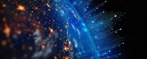 A digital representation of Earth emerging from space, illuminated by city lights with dynamic blue lines symbolizing connectivity and data flow.