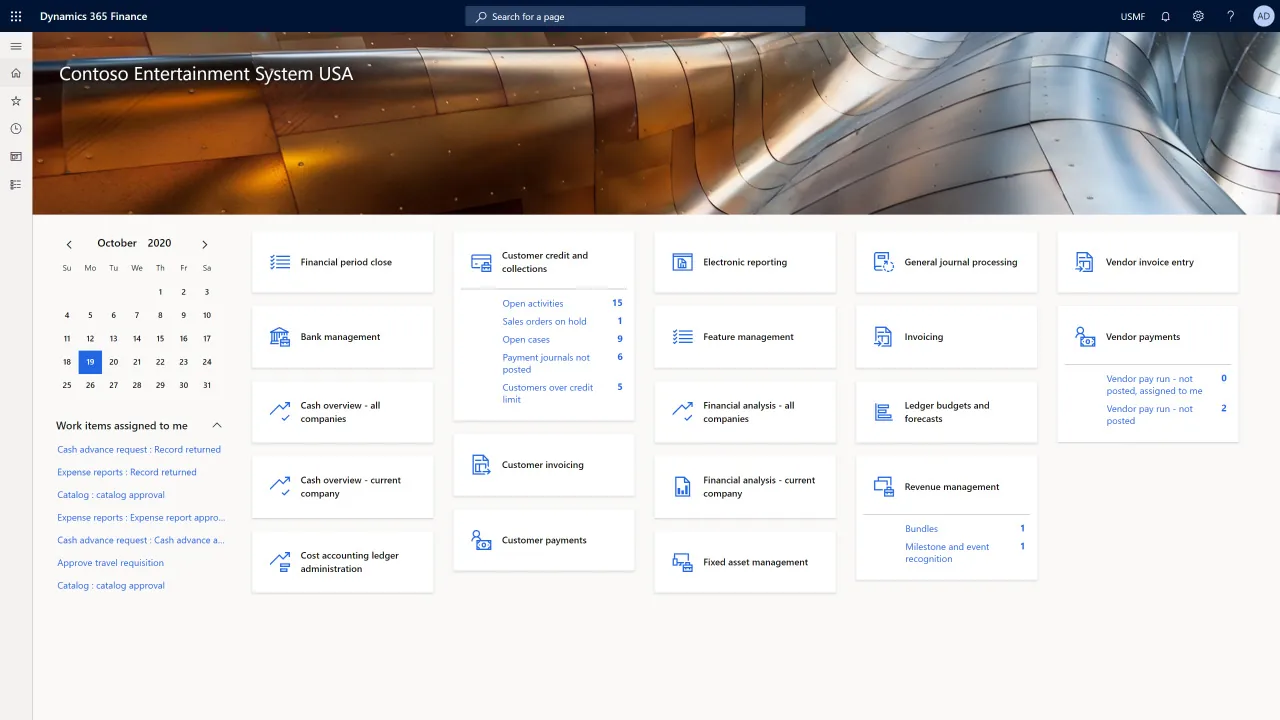 The Dynamics 365 Finance home workspace for a sample company, showing tiles for financial period close, bank management, customer invoicing, electronic reporting and vendor payments.