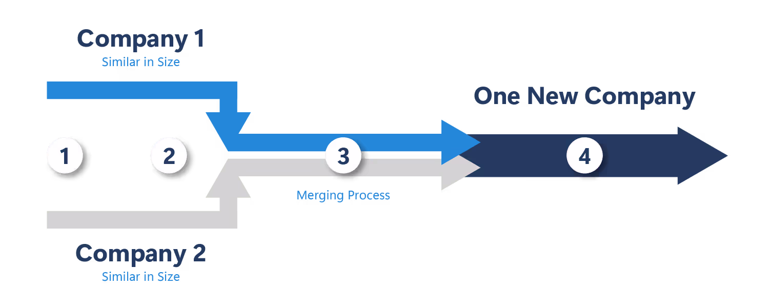 Diagram of a merger: two arrows labelled Company 1 and Company 2, both marked "Similar in Size", converge through a numbered merging process into a single dark arrow labelled One New Company.