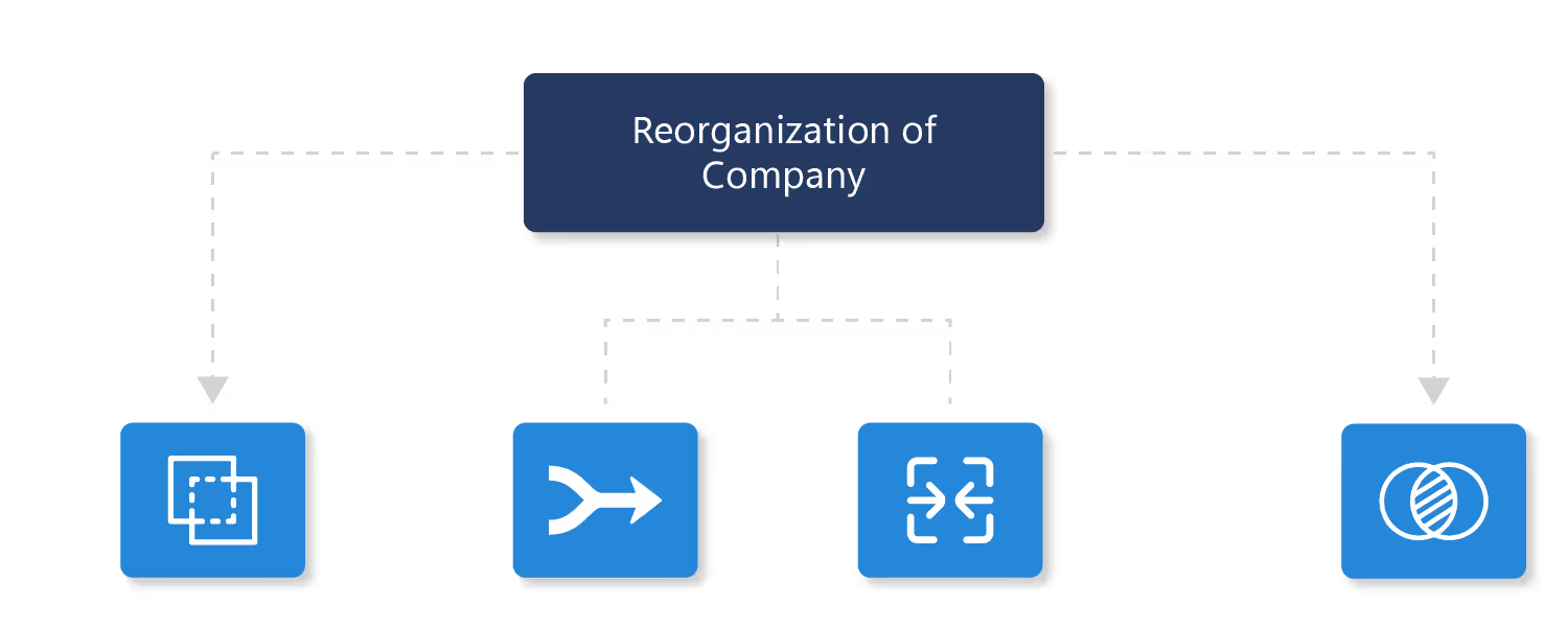 Diagram of a reorganization: a dark box labelled Reorganization of Company branches by dashed lines to four blue tiles carrying split, merge, separate and combine glyphs.