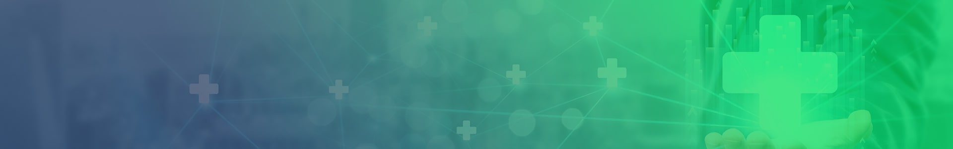 Blue and green healthcare banner with medical crosses and connected charts