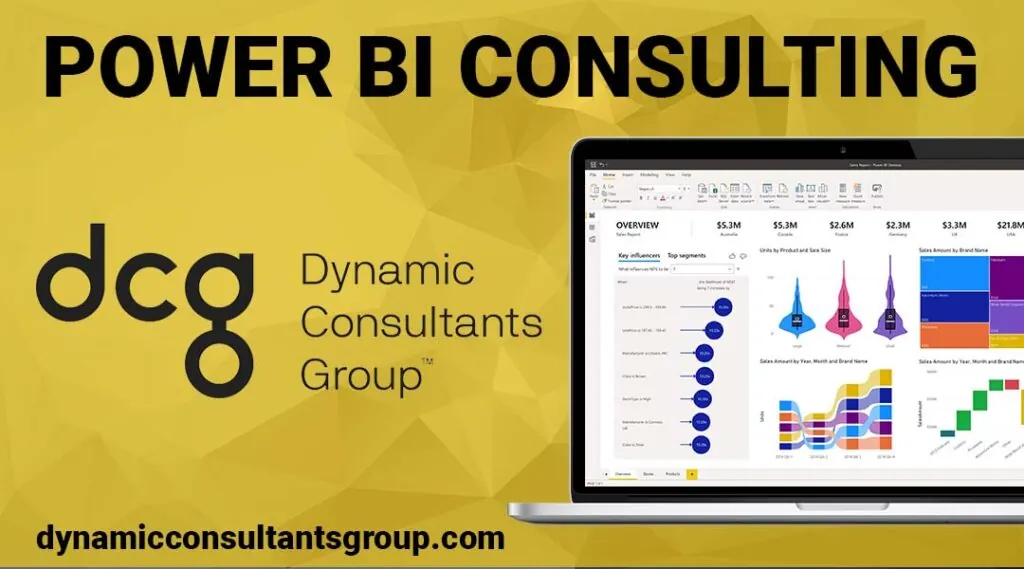 The Microsoft Power BI logo beside a dashboard of charts and key figures.