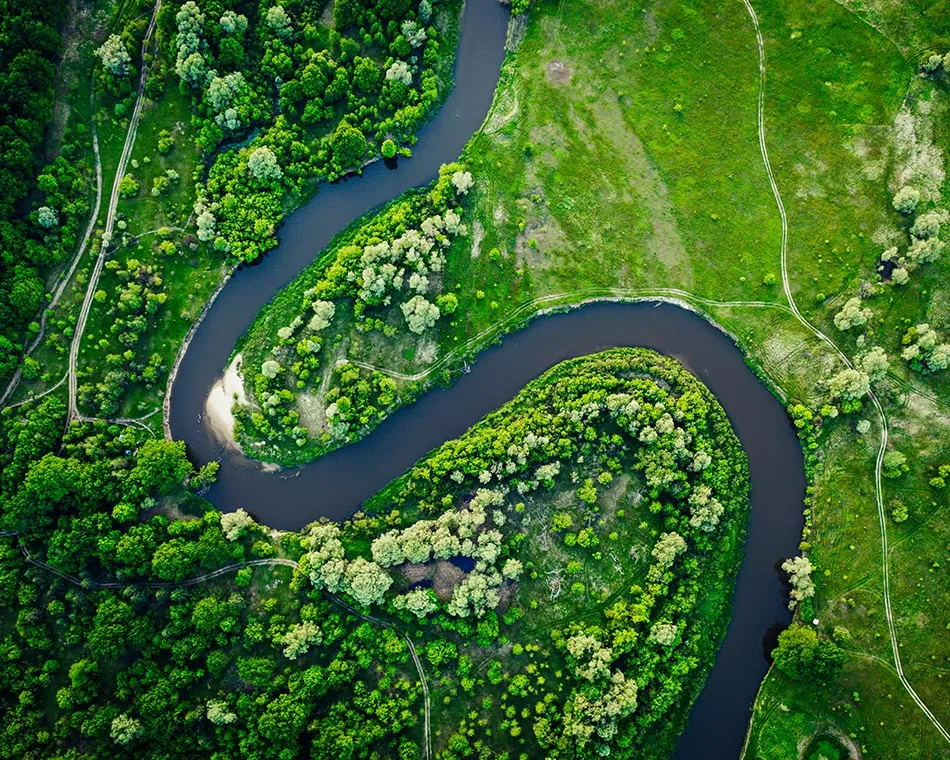 An aerial view of a river winding in tight loops through dense green woodland and open meadow.