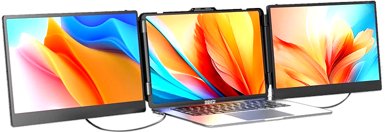 An open laptop with a fold-out display attached to each side, making a three-screen setup.