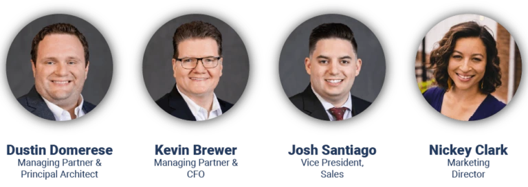 Headshots of four DCG people: Dustin Domerese, Managing Partner & Principal Architect; Kevin Brewer, Managing Partner & CFO; Josh Santiago, Vice President, Sales; and Nickey Clark, Marketing Director.