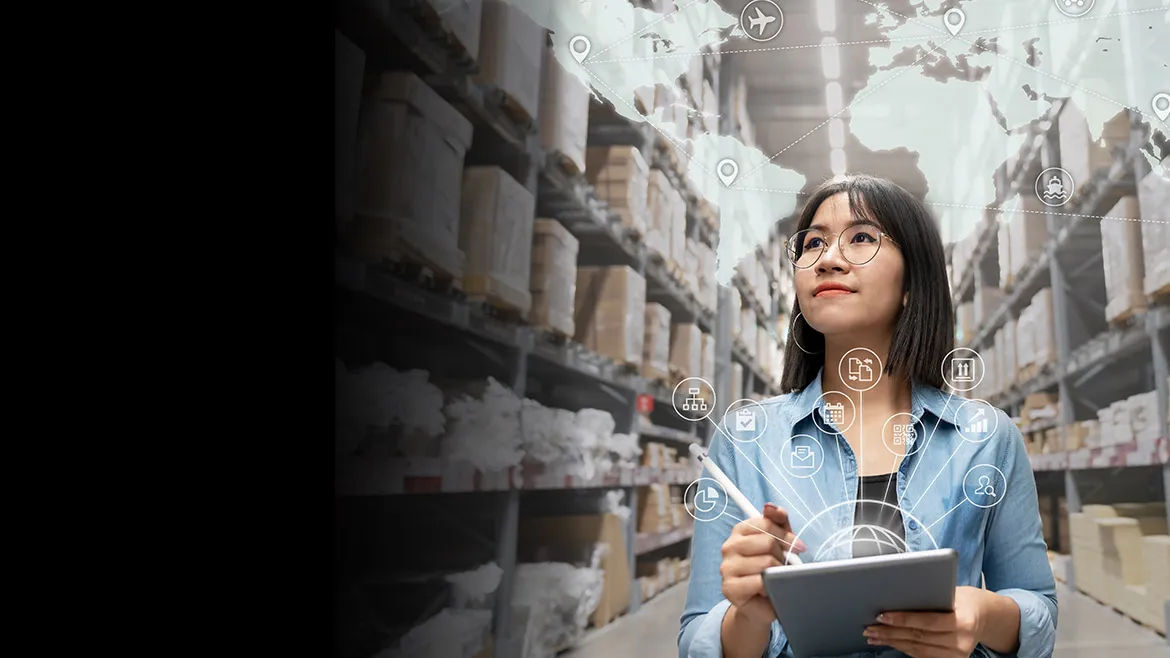 A woman writes on a tablet in a warehouse filled with shelves of boxes, with digital icons representing logistics and planning around her.