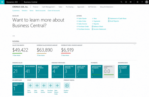 A Dynamics 365 Business Central role centre for the demo company CRONIUS USA, Inc., headlined "Want to learn more about Business Central?", with an Actions list of sales and purchase shortcuts, activity tiles reading Sales this month $49,422, Overdue sales invoice amount $63,890 and Overdue purch. invoice amount $6,919, and count tiles for sales quotes, orders and invoices.