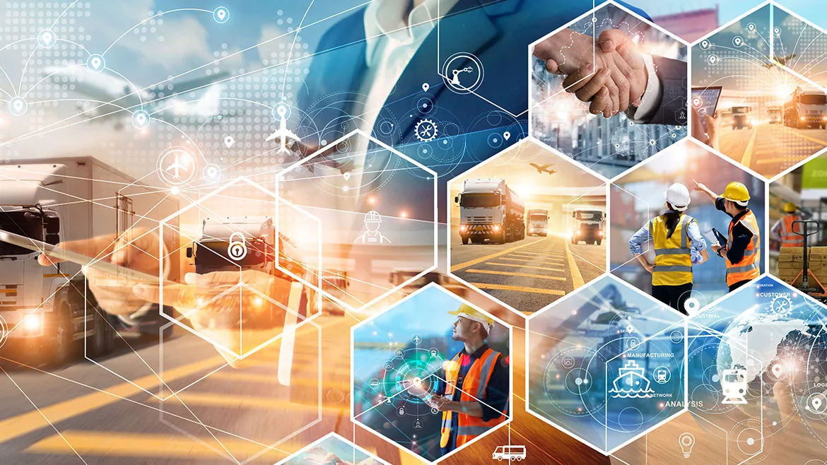 A collage of transport and logistics images featuring trucks, planes, and professionals collaborating, connected by digital networks.