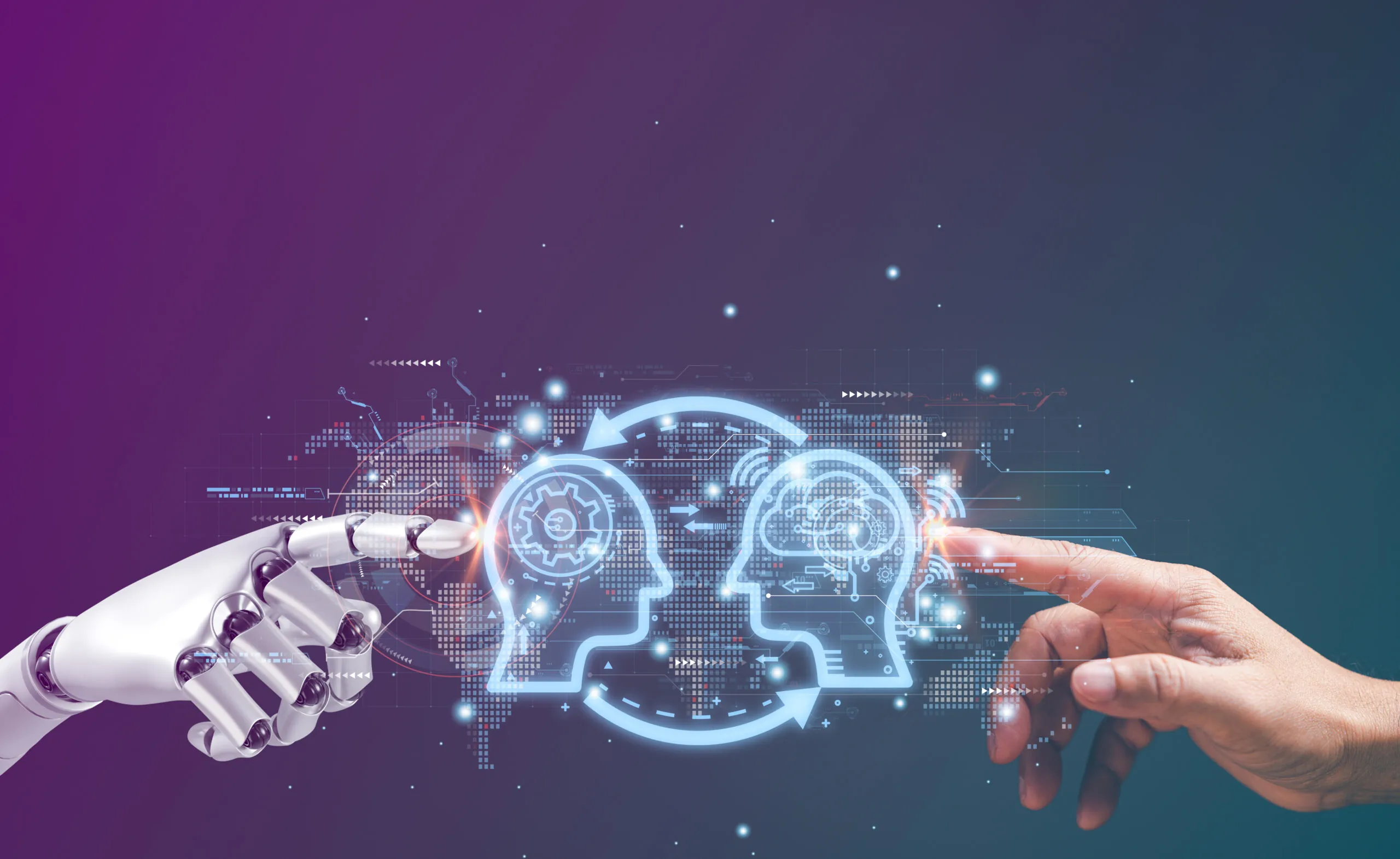 A robotic hand and a human hand reaching towards each other, with illuminated outlines of human heads and gears symbolizing AI and connection.