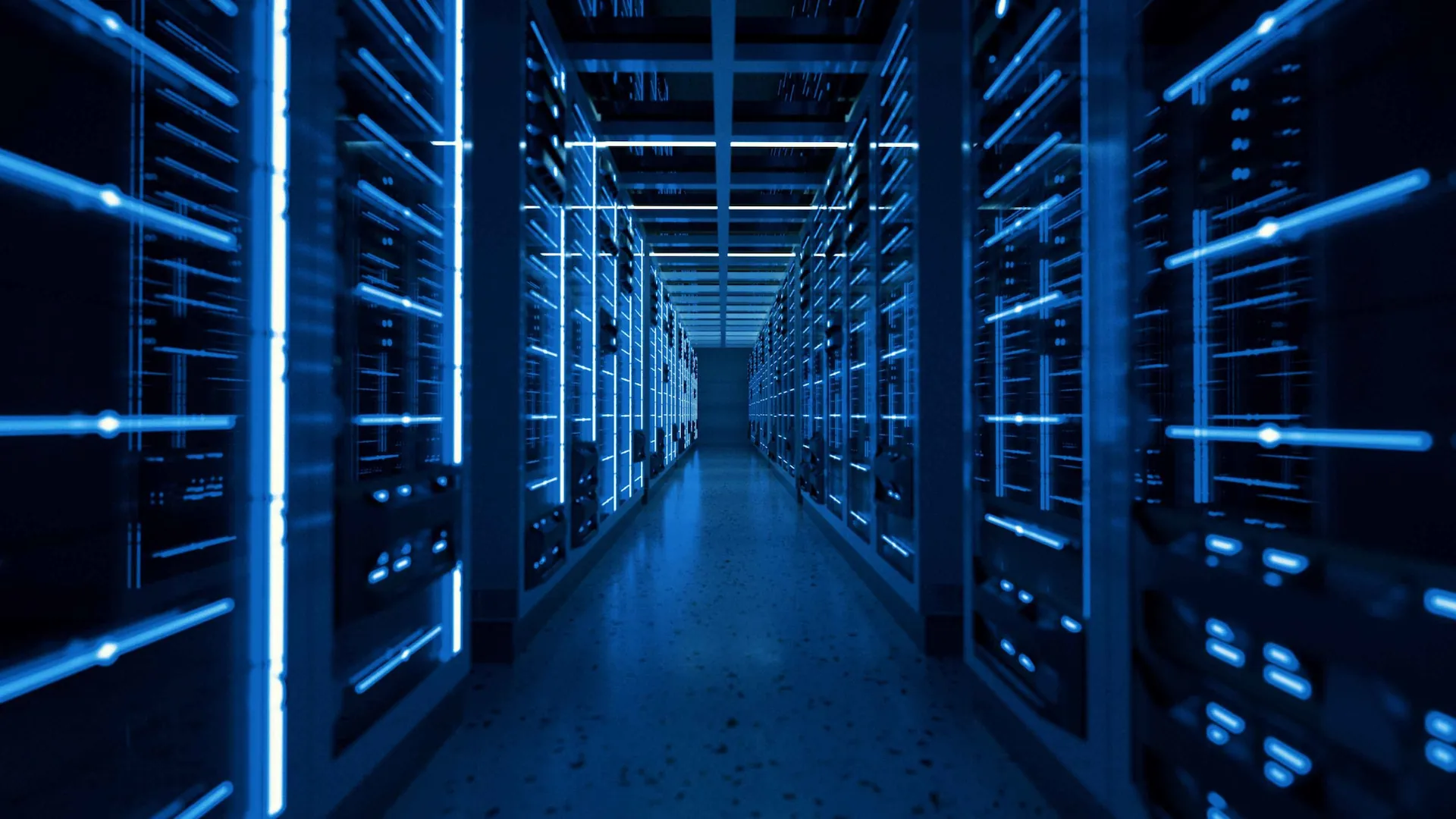 A futuristic data center aisle with glowing blue-lit servers lining both sides, creating a high-tech, digital atmosphere.