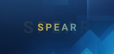 Abstract dark blue background with the SPEAR wordmark