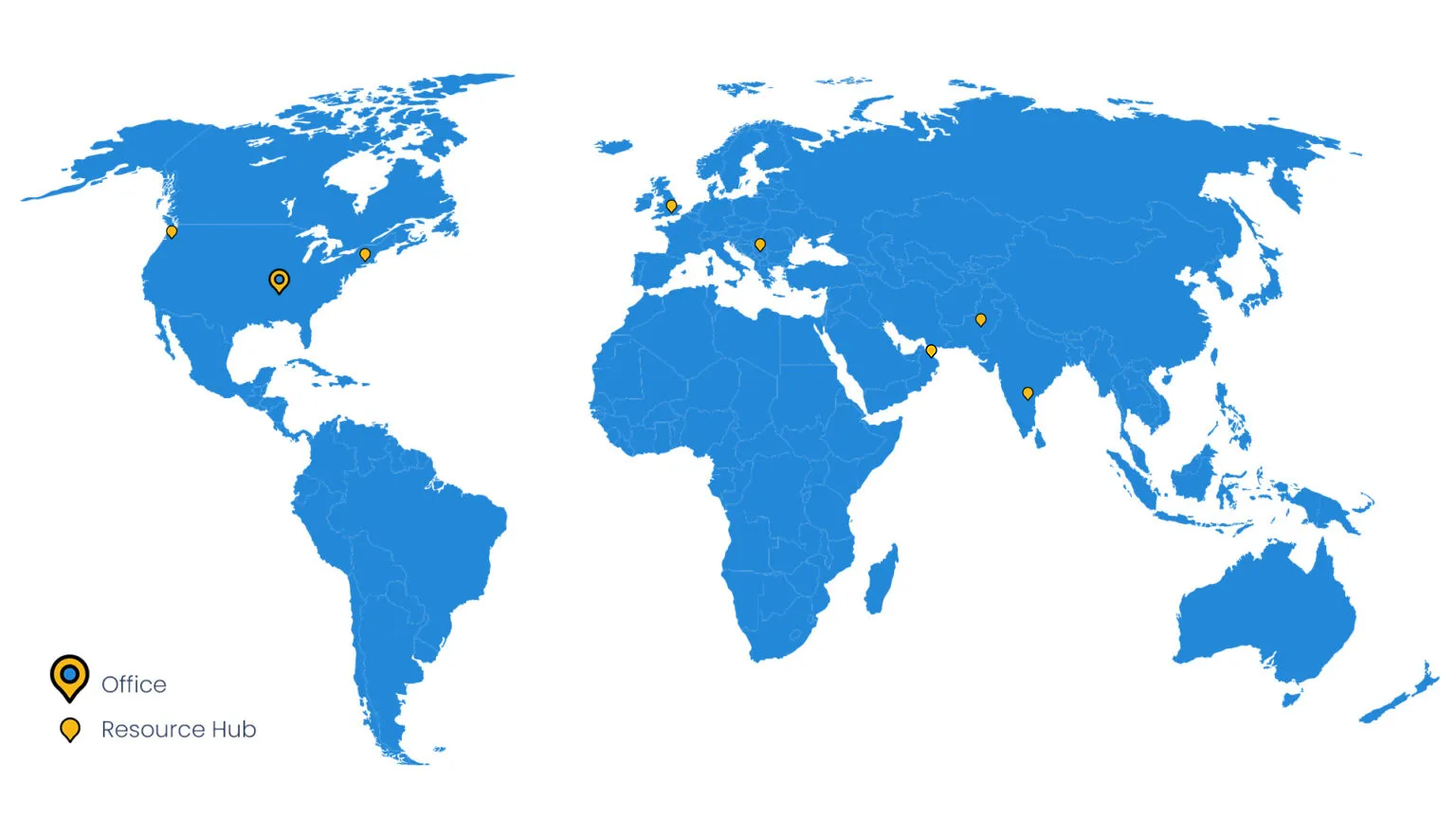World map with eight pins: one ringed Office pin over Kansas City, and Resource Hub pins over Spokane, Connecticut, the United Kingdom, Serbia, Oman, Pakistan and southern India.