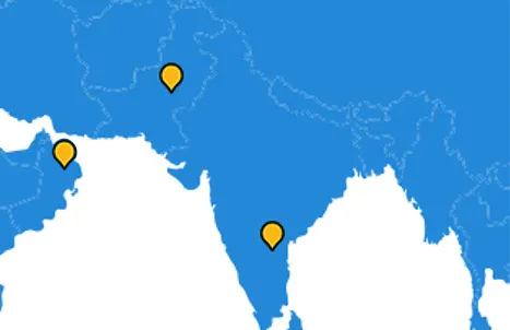 Map of Oman, Pakistan and India with three Resource Hub pins: one over Muscat, one over northern Pakistan and one over Hyderabad in southern India.
