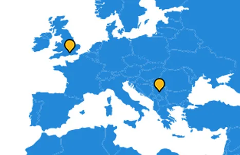 Map of western and central Europe with two Resource Hub pins, one over central England and one over Serbia.