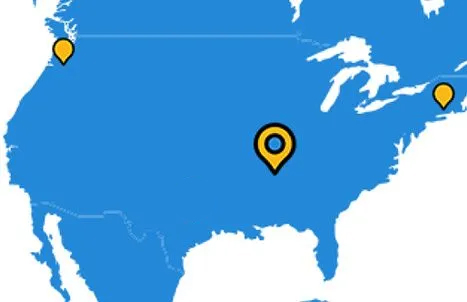 Map of the continental United States with three pins: a ringed Office pin over Kansas City, and Resource Hub pins over Spokane and Connecticut.