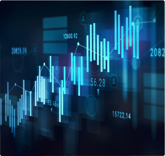 A glowing blue candlestick and line chart rising left to right across a dark abstract background, overlaid with figures.