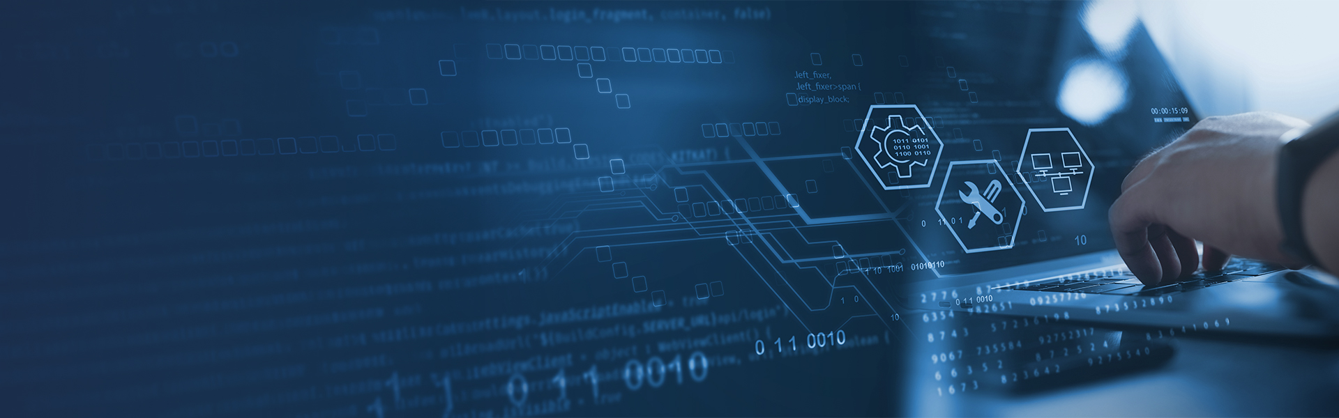 Connected technical support and business symbols.