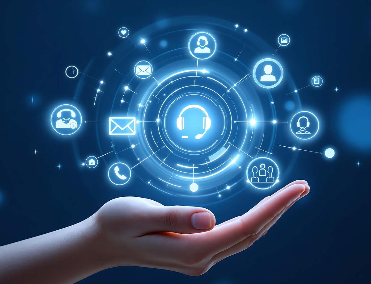 A hand beneath connected customer support and communication icons.