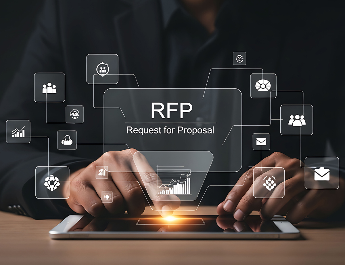 A person using a tablet with request-for-proposal and business icons.