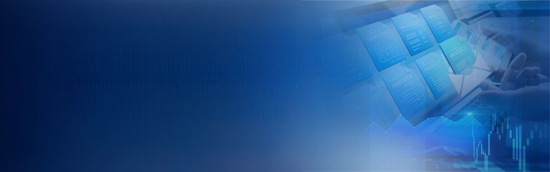 Digital invoice documents on a blue background.