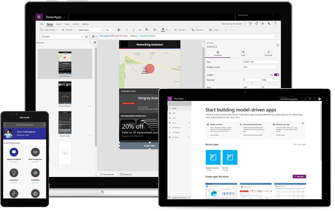Power Apps applications displayed across desktop, tablet and phone screens.