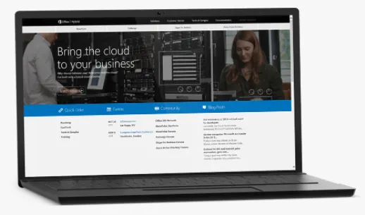 A laptop showing an Office 365 hybrid SharePoint home page, headed “Bring the cloud to your business”, with quick links, events and news panels beneath it.
