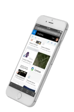A smartphone showing a Microsoft OneDrive mobile view, with tiles for recent documents, photos and team sites.