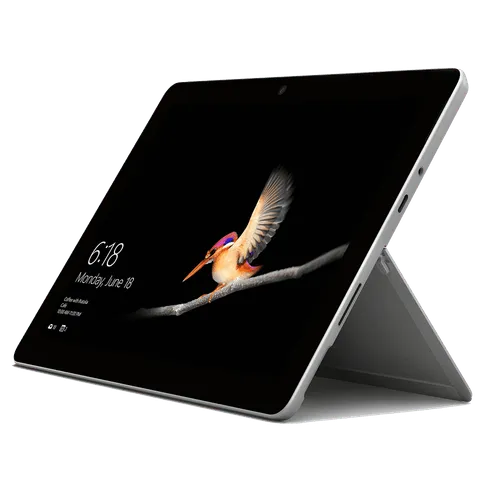 A Surface Go tablet propped on its kickstand, its lock screen showing the time over a photograph of a kingfisher.