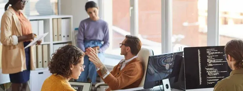 A diverse team collaborates in a modern office, with two members engaged in discussion while others focus on laptops and monitors.